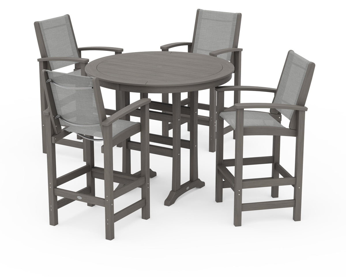 POLYWOOD Coastal 5-Piece Nautical Trestle Bar Set in Driftwood / Metallic