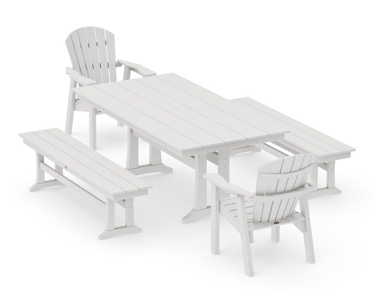 POLYWOOD Seashell 5-Piece Farmhouse Dining Set with Trestle Legs - 37" x 72" Table in Vintage White