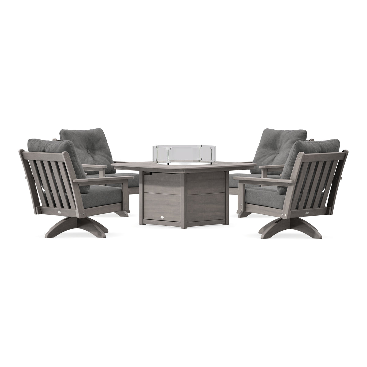 POLYWOOD Vineyard 5-Piece Deep Seating Swivel Conversation Set with Fire Pit Table in Driftwood