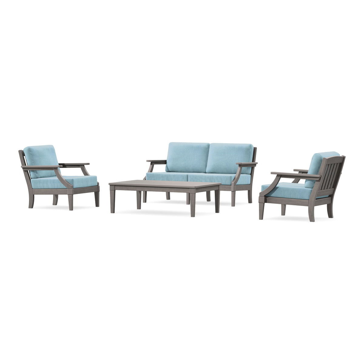 POLYWOOD PW Designer Series Estate Lounge 4-Piece Loveseat Set in Driftwood / Lattice Sky Blue