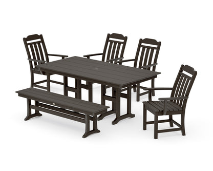POLYWOOD Cottage 6-Piece Farmhouse Dining Set with Bench in Vintage Coffee