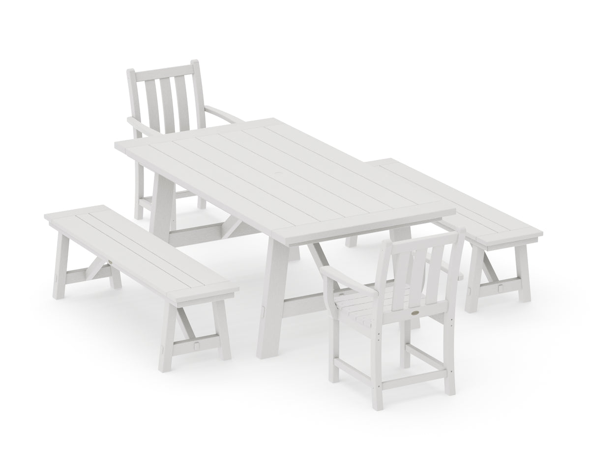 POLYWOOD Traditional Garden 5-Piece Rustic Farmhouse Dining Set with Benches in Vintage White