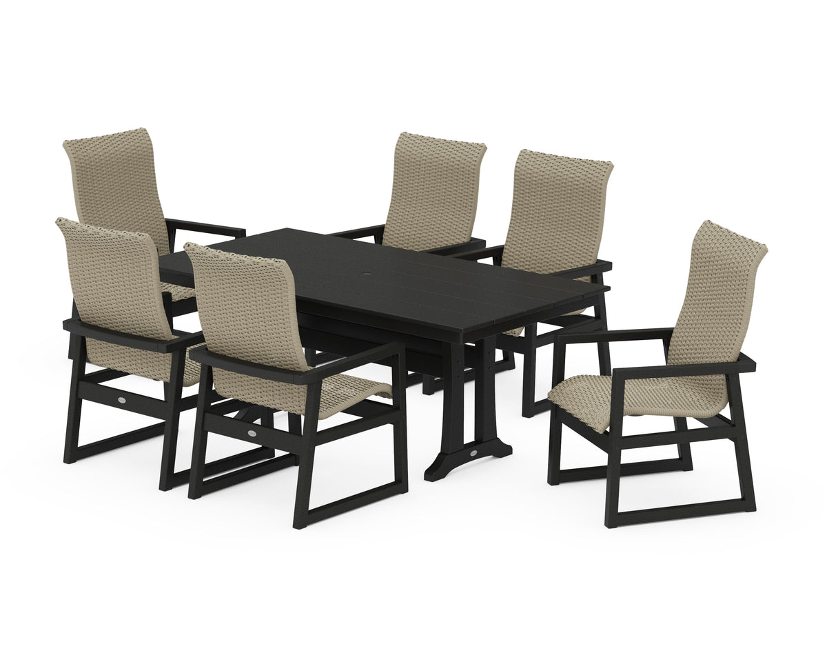 POLYWOOD EDGE Woven High-Back Arm Chair 7-Piece Farmhouse Dining Set with Trestle Legs in Black / Dune Grass