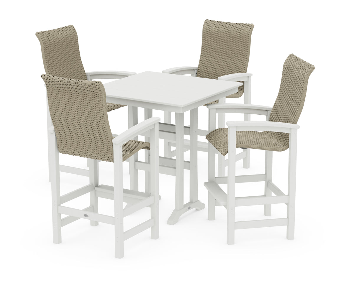 POLYWOOD Coastal Woven High-Back 5-Piece Farmhouse Bar Set with Trestle Legs in Vintage White / Dune Grass