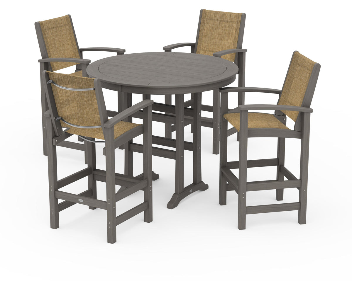 POLYWOOD Coastal 5-Piece Nautical Trestle Bar Set in Driftwood / Burlap