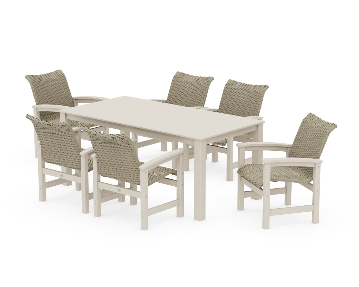 POLYWOOD Coastal Woven Arm Chair 7-Piece Parsons Dining Set in Sand / Dune Grass
