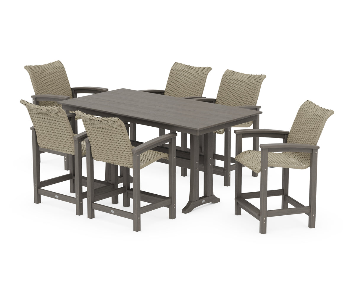 POLYWOOD Coastal Woven Arm Chair 7-Piece Farmhouse Counter Set with Trestle Legs in Driftwood / Dune Grass