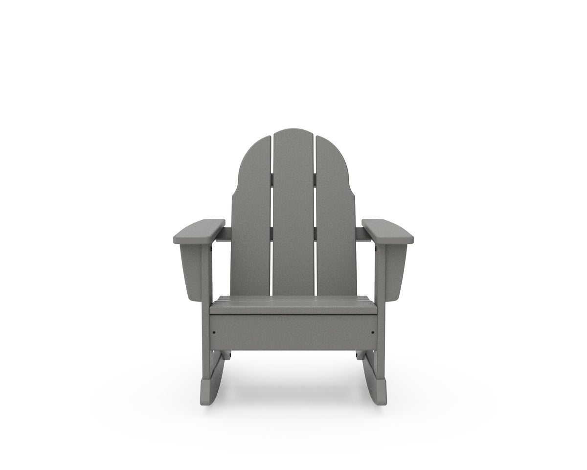 Angled view of the POLYWOOD Kids Vineyard Adirondack Rocking Chair in Slate Grey