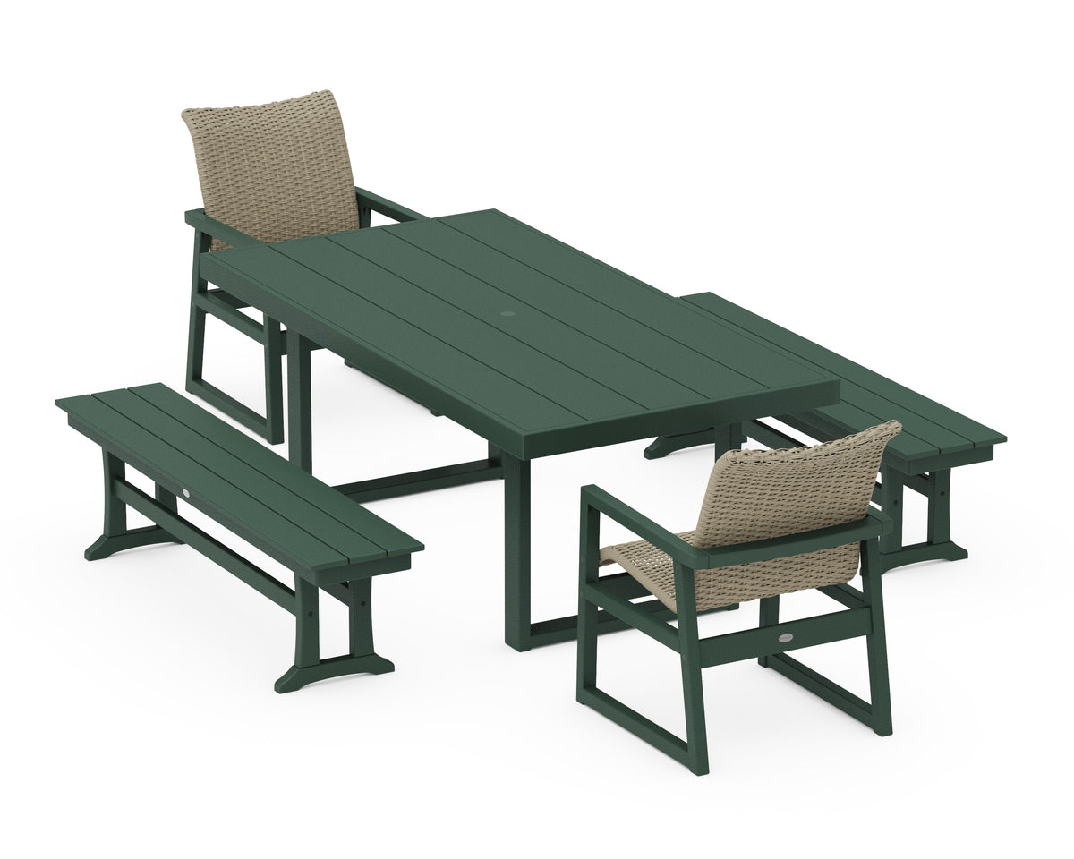POLYWOOD EDGE Woven 5-Piece Dining Set with Benches in Green / Dune Grass