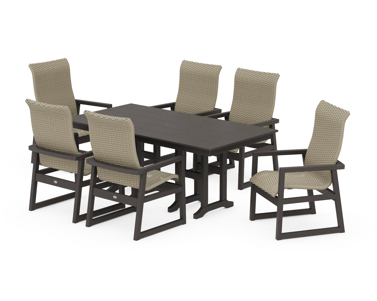 POLYWOOD EDGE Woven High-Back Arm Chair 7-Piece Farmhouse Dining Set in Vintage Coffee / Dune Grass