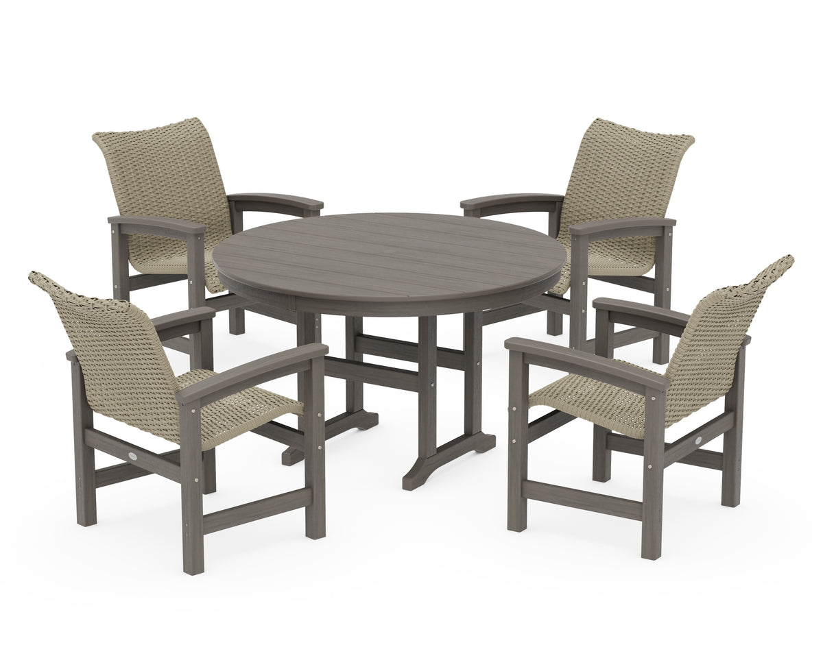 POLYWOOD Coastal Woven 5-Piece Round Farmhouse Dining Set in Driftwood / Dune Grass