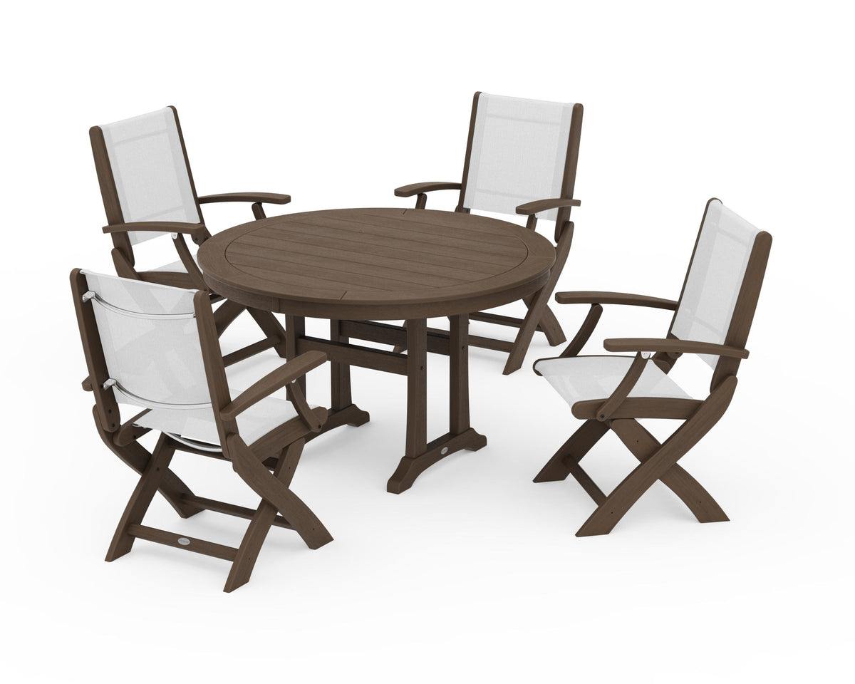 POLYWOOD Coastal Folding Chair 5-Piece Round Dining Set with Trestle Legs in Kona / White