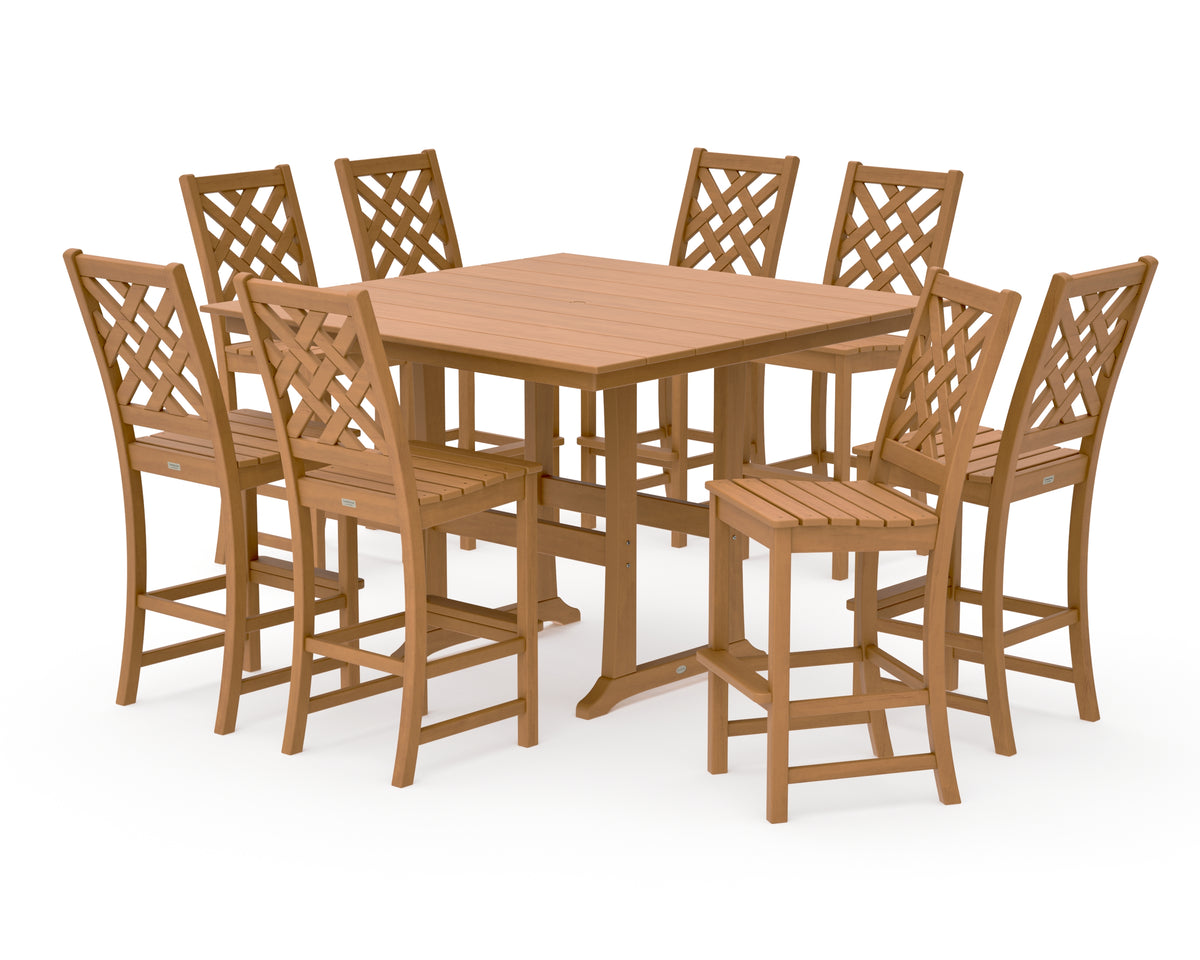 POLYWOOD Country Living Wovendale Side Chair 9-Piece Square Farmhouse Bar Set with Trestle Legs in Natural