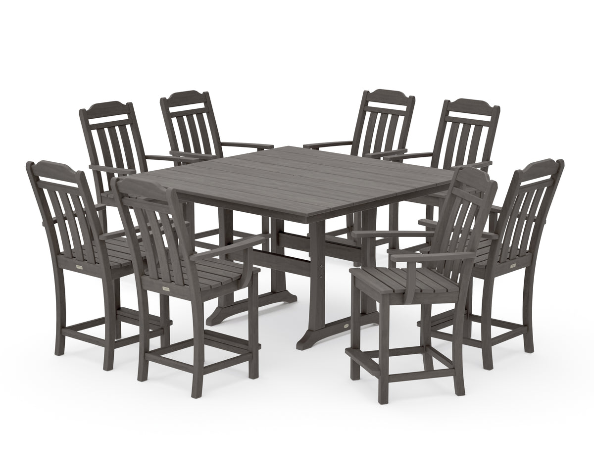 POLYWOOD Country Living Cottage 9-Piece Square Farmhouse Counter Set with Trestle Legs in Driftwood