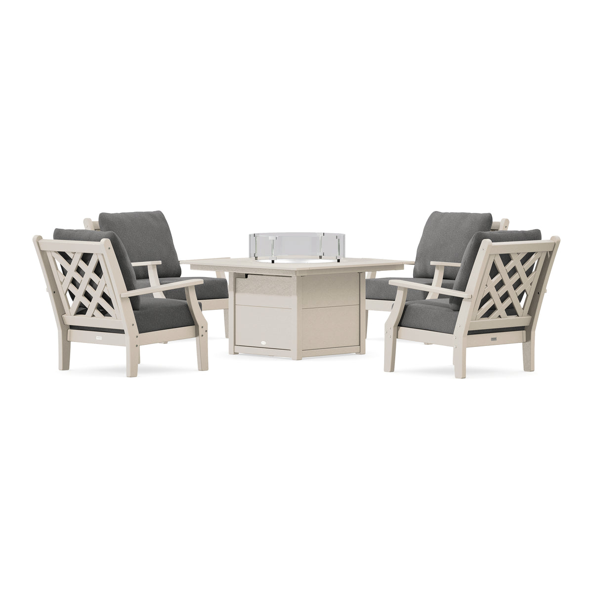 POLYWOOD Country Living Wovendale 5-Piece Deep Seating Set with Fire Pit Table in Sand