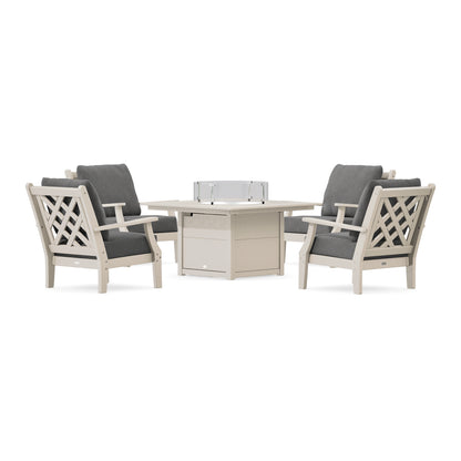 POLYWOOD Country Living Wovendale 5-Piece Deep Seating Set with Fire Pit Table in Sand