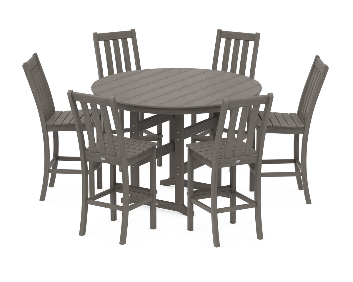 POLYWOOD Vineyard 7-Piece Side Chair Round Farmhouse Bar Set in Driftwood