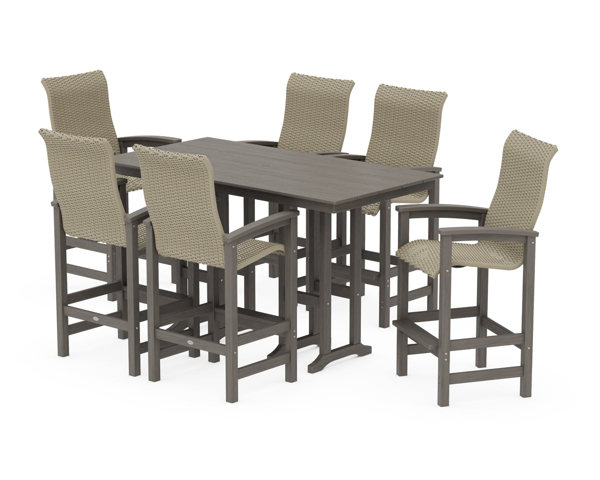 POLYWOOD Coastal Woven High-Back Arm Chair 7-Piece Farmhouse Bar Set in Driftwood / Dune Grass