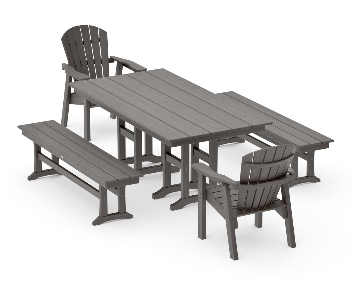 POLYWOOD Seashell 5-Piece Farmhouse Dining Set with Benches in Driftwood