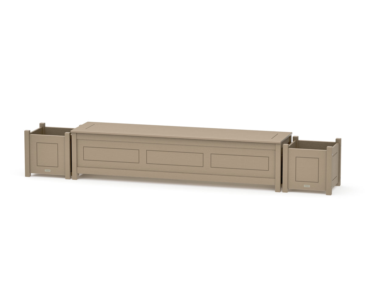 POLYWOOD 72" Country Living Straight Planter Storage Bench Set in Vintage Sahara