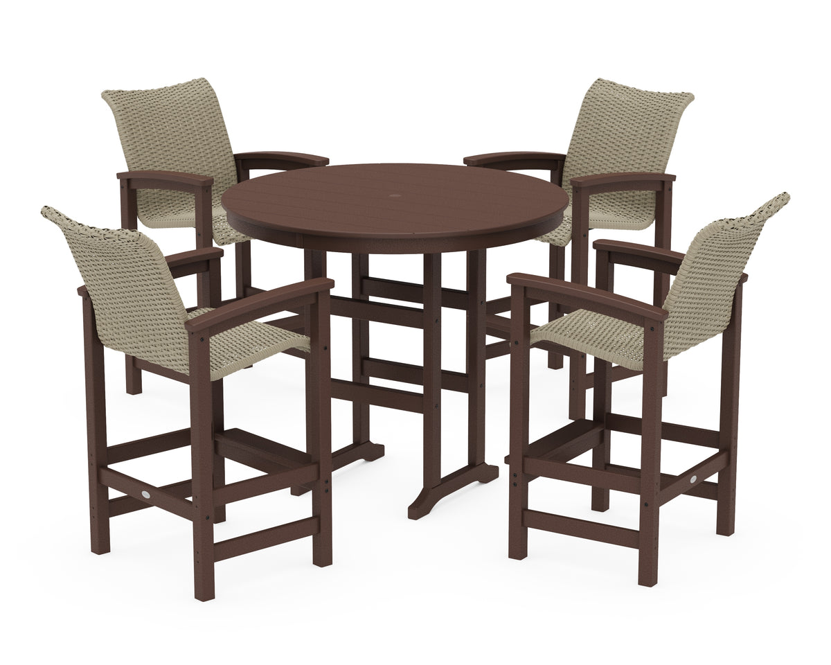 POLYWOOD Coastal Woven 5-Piece Round Farmhouse Bar Set in Mahogany / Dune Grass