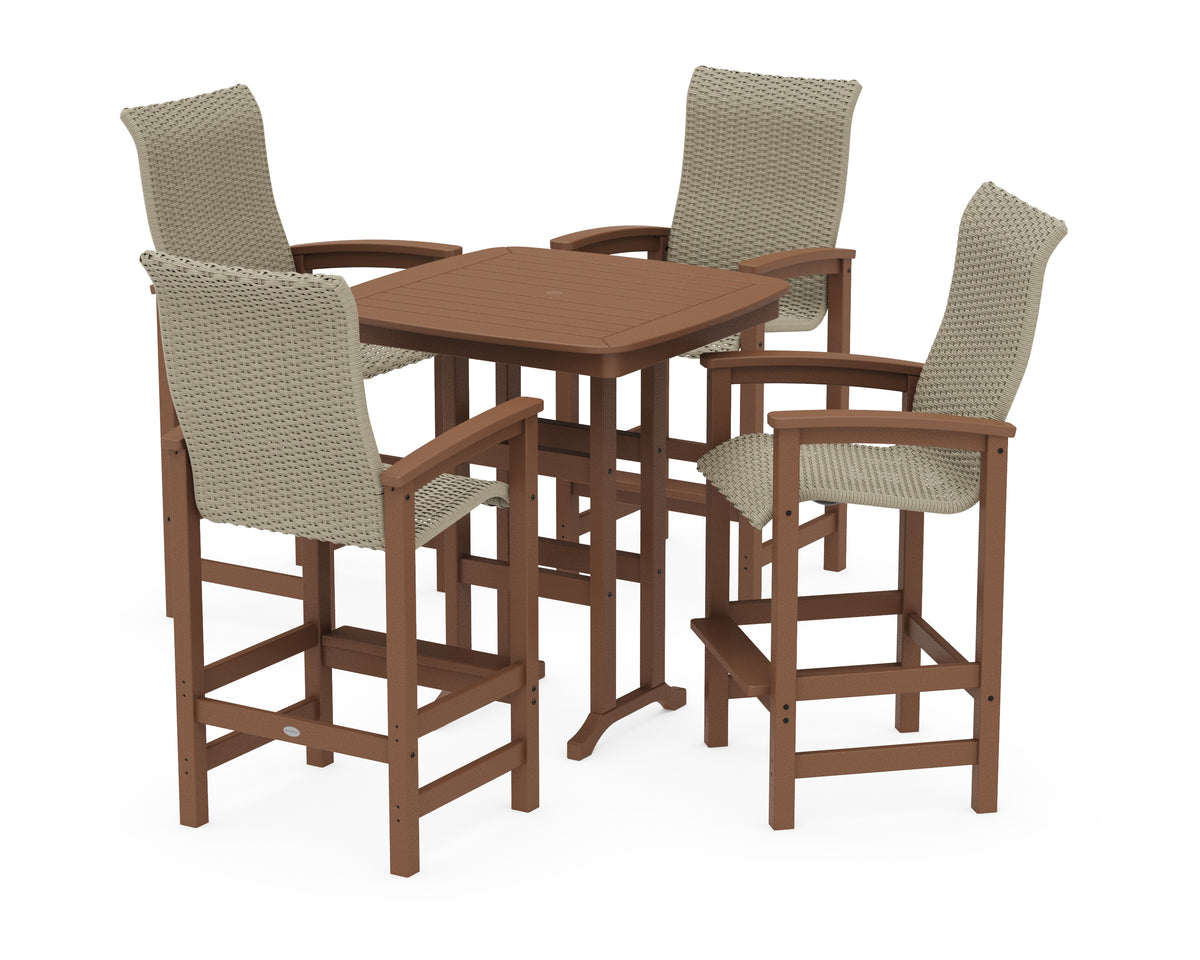 POLYWOOD Coastal Woven High-Back 5-Piece Bar Set in Teak / Dune Grass