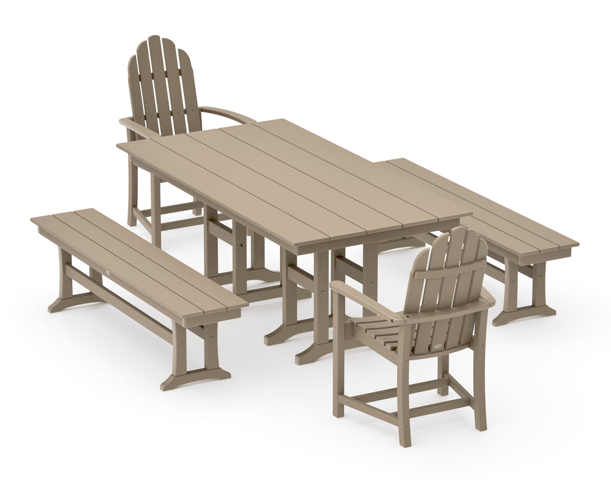 POLYWOOD Classic Adirondack 5-Piece Farmhouse Dining Set with Benches in Vintage Sahara