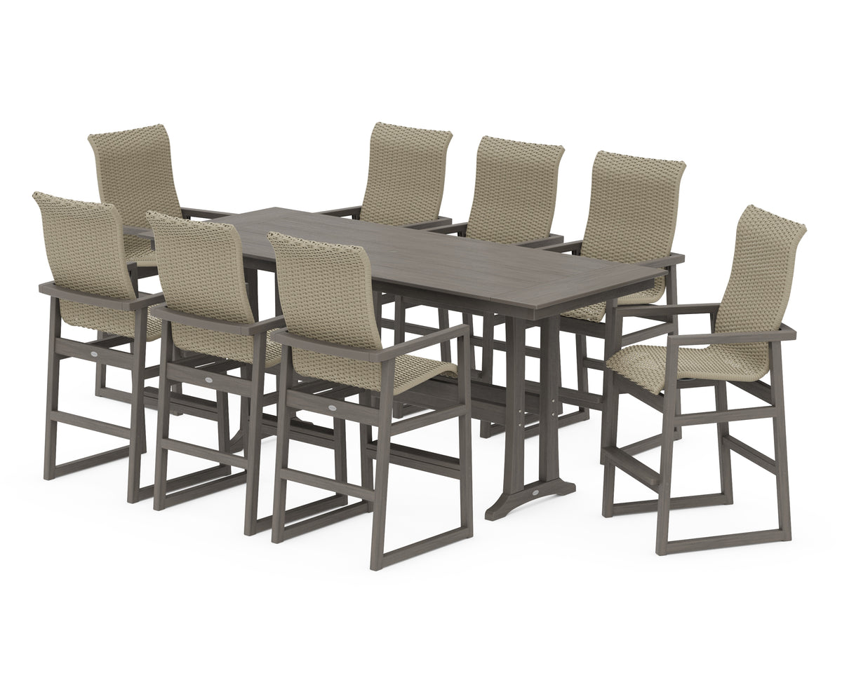 POLYWOOD EDGE Woven Highback 9-Piece Farmhouse Bar Set with Trestle Legs in Driftwood / Dune Grass