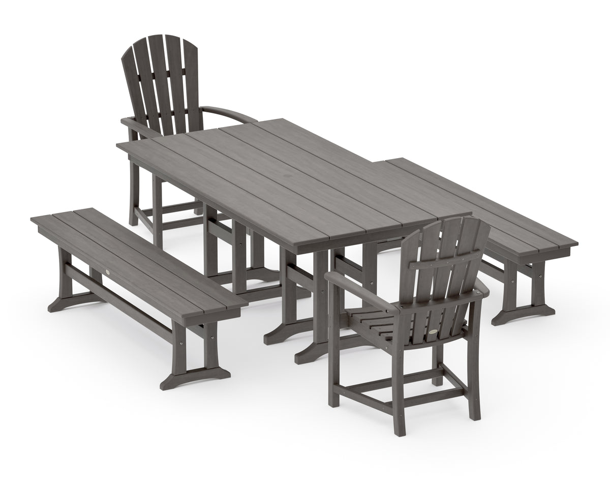 POLYWOOD Palm Coast 5-Piece Farmhouse Dining Set with Benches in Driftwood