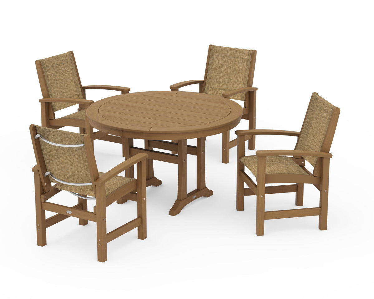 POLYWOOD Coastal 5-Piece Round Dining Set with Trestle Legs in Natural / Burlap