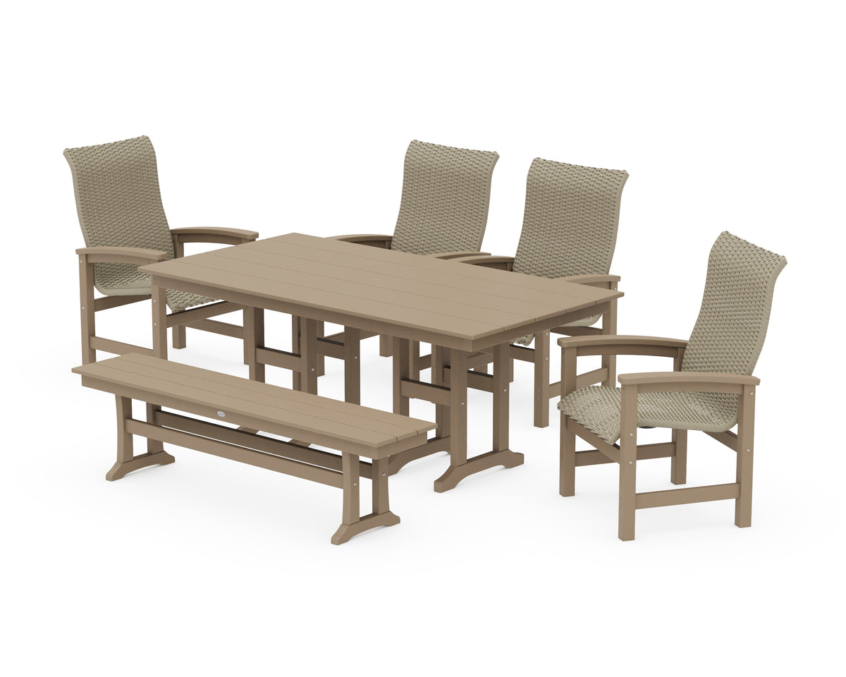 POLYWOOD Coastal Woven High-Back 6-Piece Farmhouse Dining Set with Bench with Farmhouse 37" x 72" Dining Table in Vintage Sahara / Dune Grass