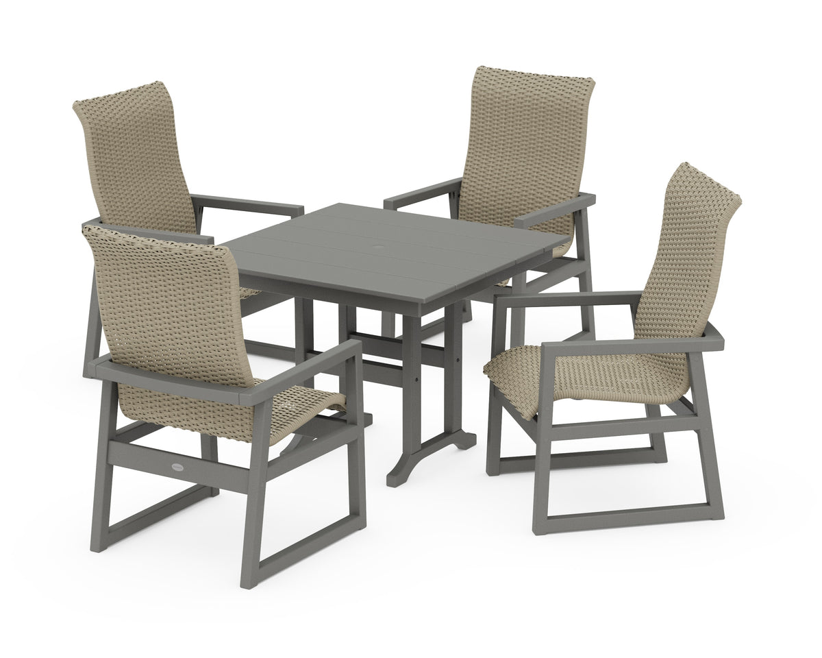POLYWOOD EDGE Woven High-Back 5-Piece Farmhouse Dining Set in Slate Grey / Dune Grass