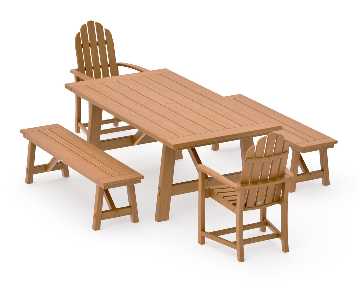 POLYWOOD Classic Adirondack 5-Piece Rustic Farmhouse Dining Set with Benches in Natural