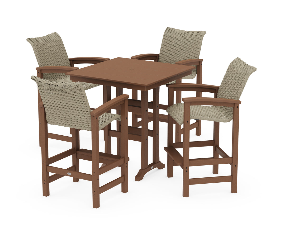 POLYWOOD Coastal Woven 5-Piece Farmhouse Bar Set with Trestle Legs in Teak / Dune Grass