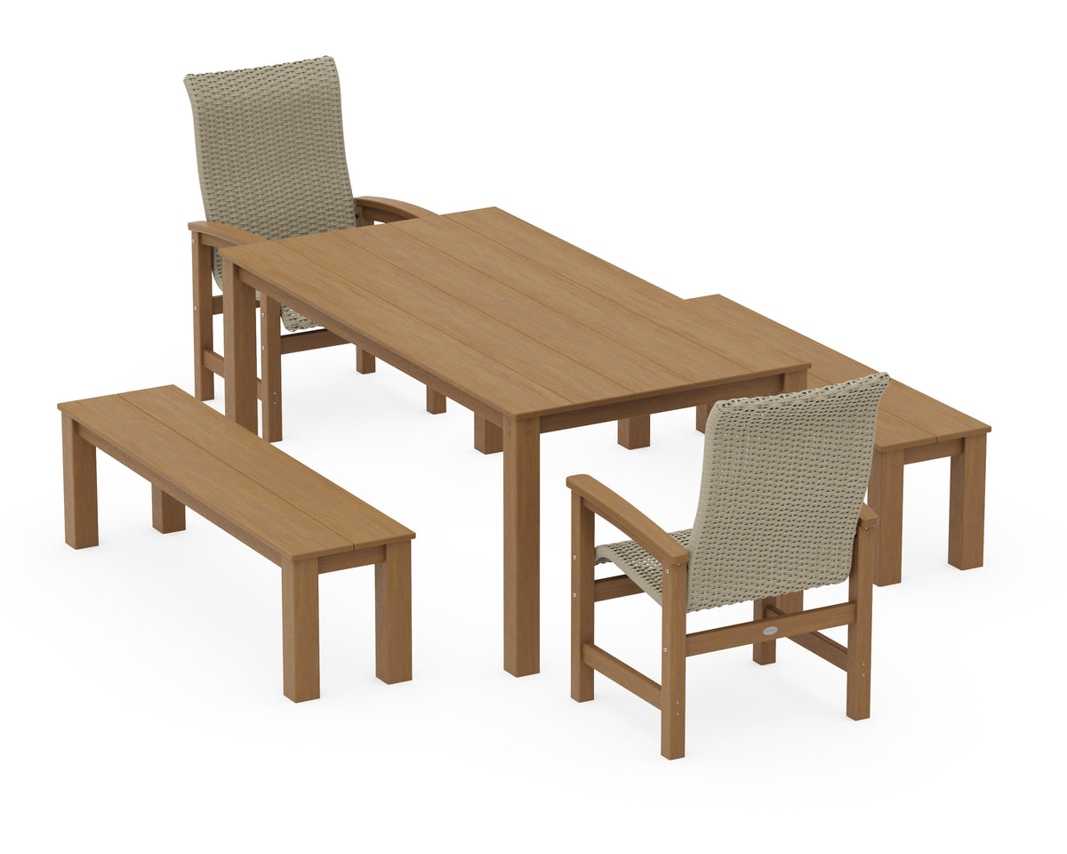 POLYWOOD Coastal Woven High-Back 5-Piece Parsons Dining Set with Benches in Natural / Dune Grass