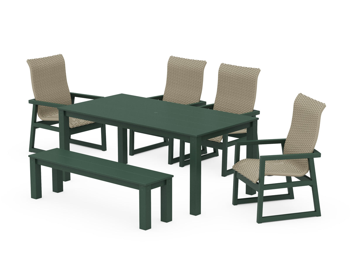 POLYWOOD EDGE Woven High-Back 6-Piece Parsons Dining Set with Bench in Green / Dune Grass