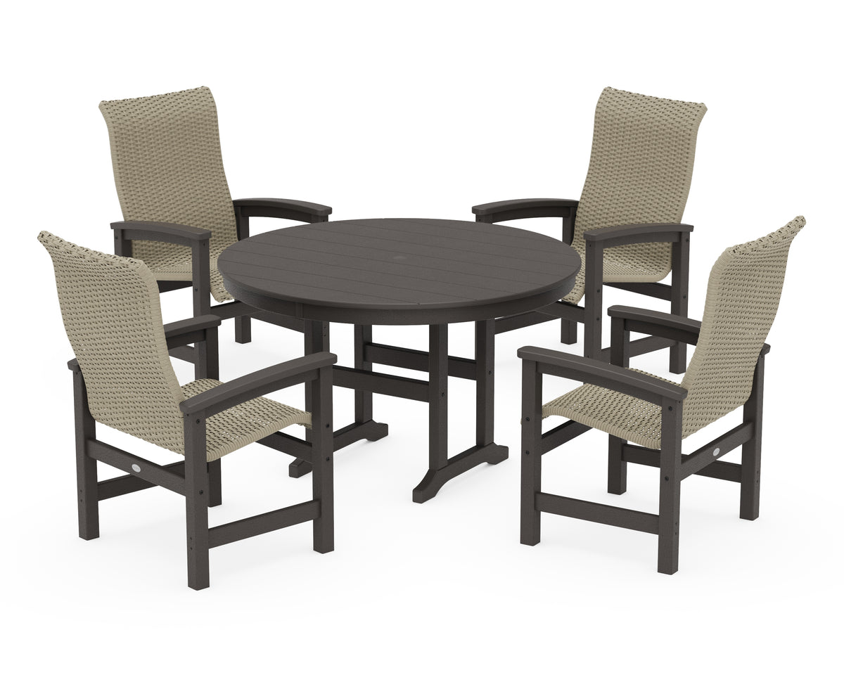 POLYWOOD Coastal Woven High-Back 5-Piece Round Farmhouse Dining Set in Vintage Coffee / Dune Grass