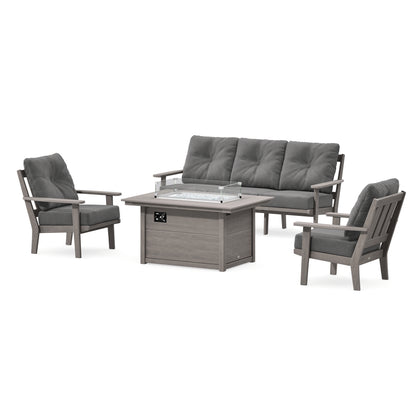 POLYWOOD Oxford Deep Seating Fire Pit Table Set in Driftwood