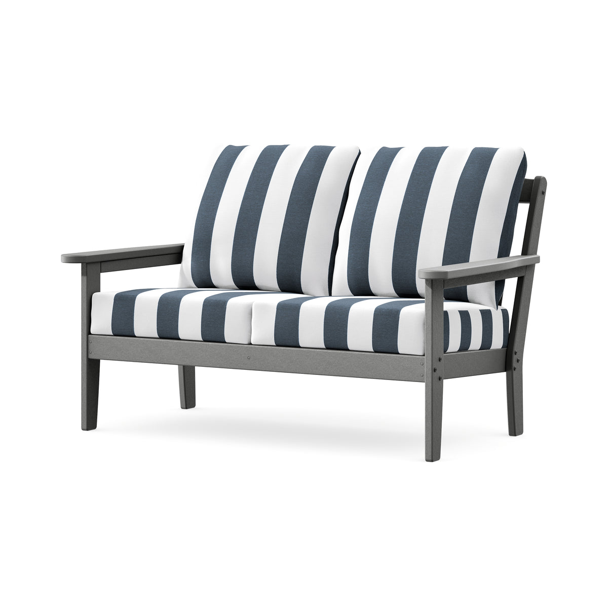 POLYWOOD Cottage Deep Seating Loveseat in Slate Grey / Cabana Stripe Marine Indigo