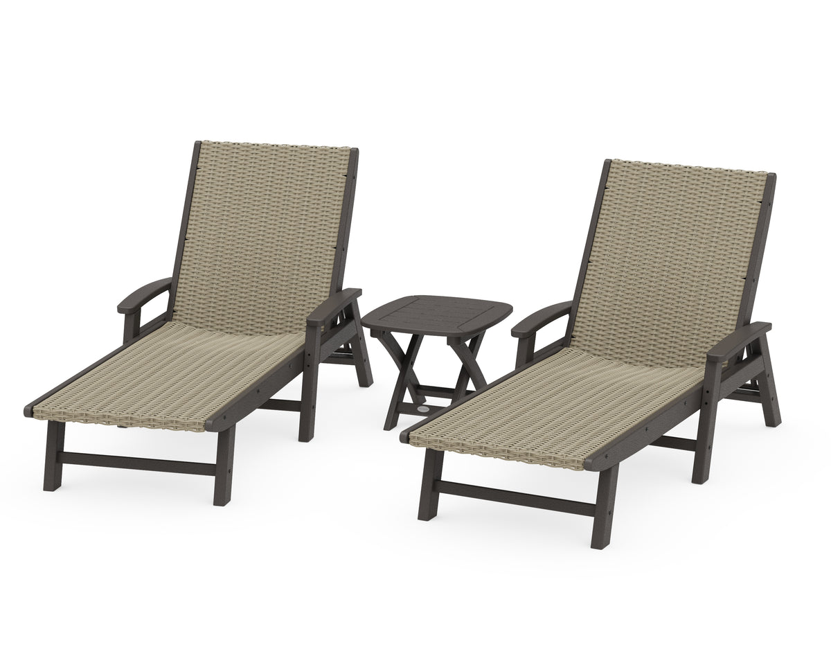 POLYWOOD 3-Piece Coastal Woven Chaise with Arms Lounge Set in Vintage Coffee / Dune Grass
