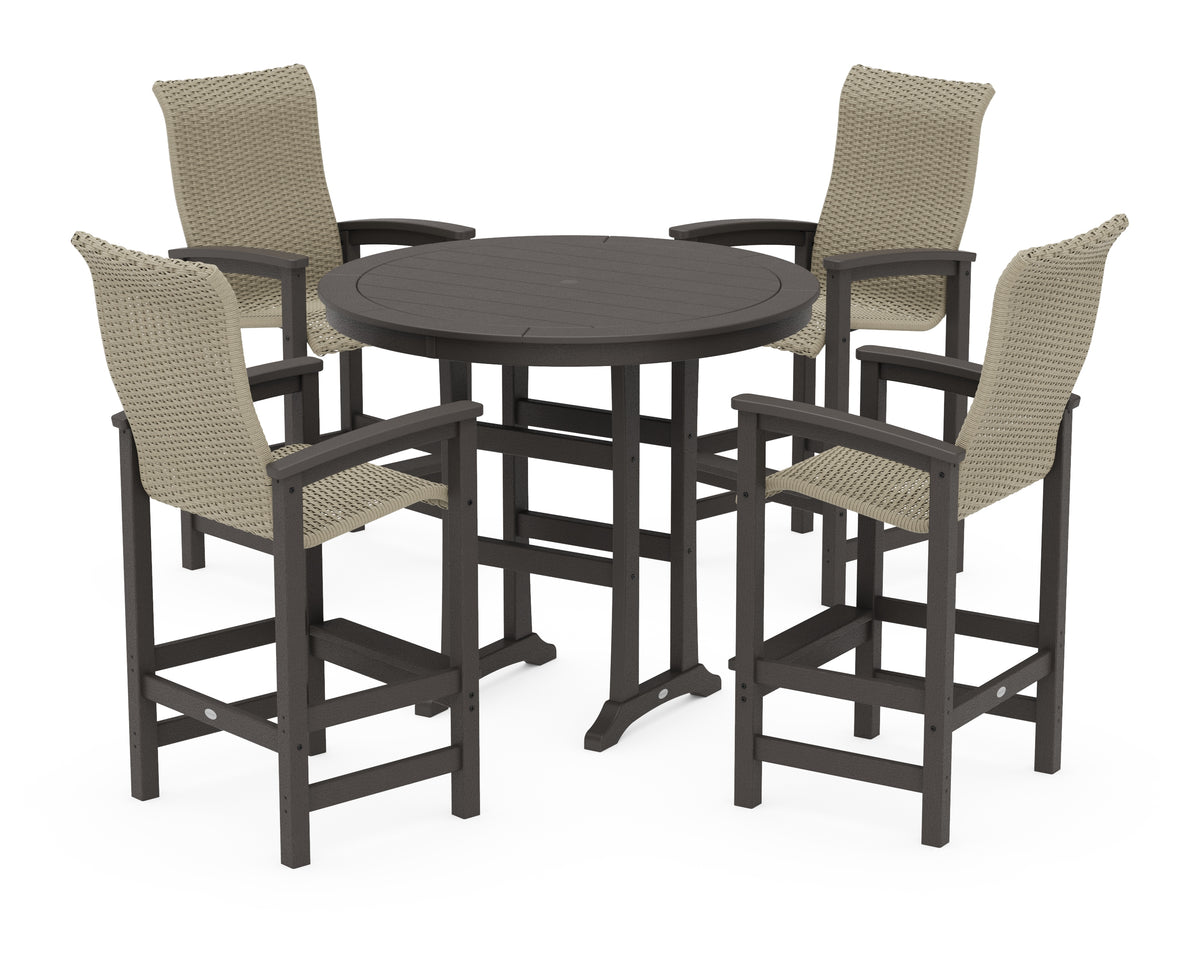 POLYWOOD Coastal Woven High-Back 5-Piece Round Bar Set in Vintage Coffee / Dune Grass