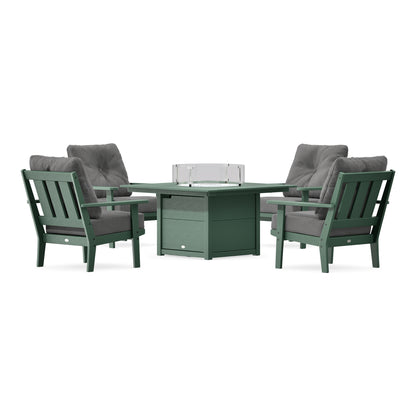 POLYWOOD Oxford 5-Piece Deep Seating Set with Fire Pit Table in Green