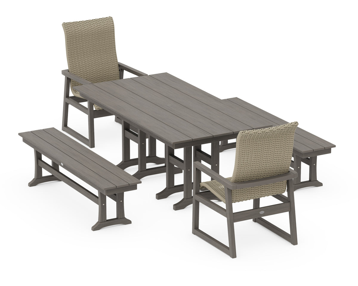 POLYWOOD EDGE Woven High-Back 5-Piece Farmhouse Dining Set with Benches in Driftwood / Dune Grass