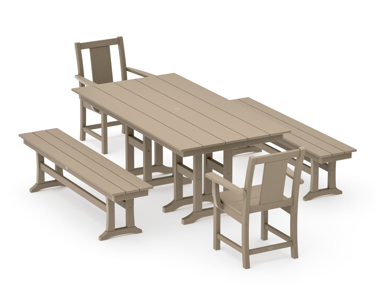 POLYWOOD Prairie 5-Piece Farmhouse Dining Set with Benches in Vintage Sahara