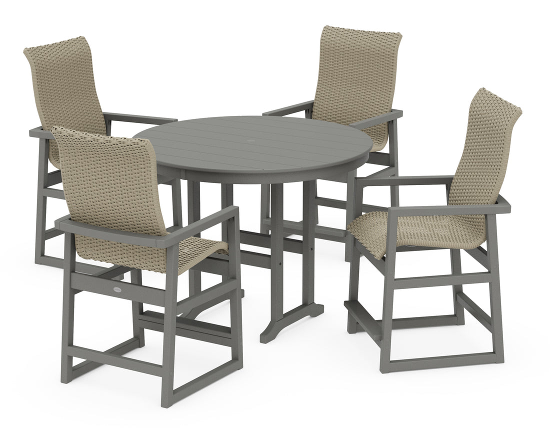 POLYWOOD EDGE Woven Highback 5-Piece Round Farmhouse Counter Set in Slate Grey / Dune Grass