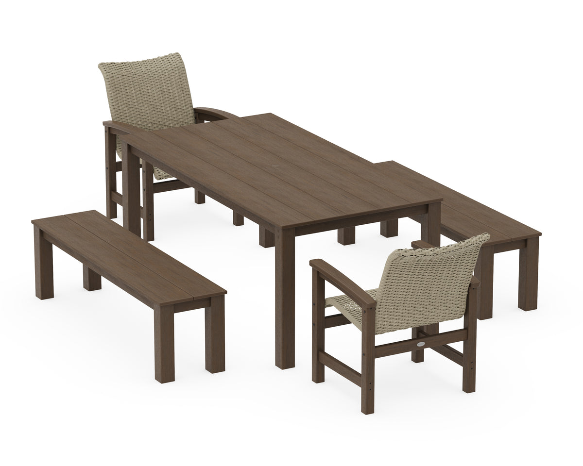 POLYWOOD Coastal Woven 5-Piece Parsons Dining Set with Benches in Kona / Dune Grass