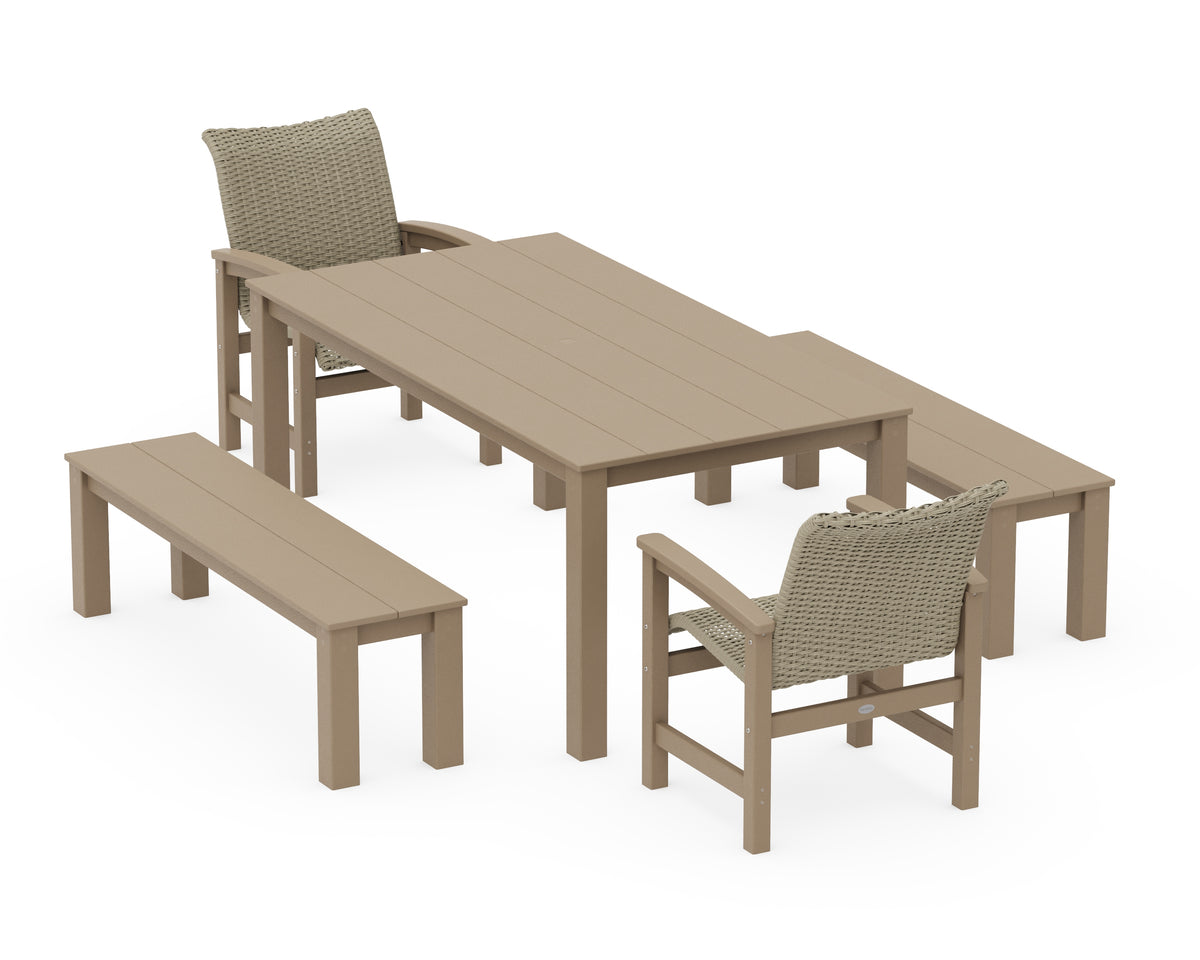 POLYWOOD Coastal Woven 5-Piece Parsons Dining Set with Benches in Vintage Sahara / Dune Grass