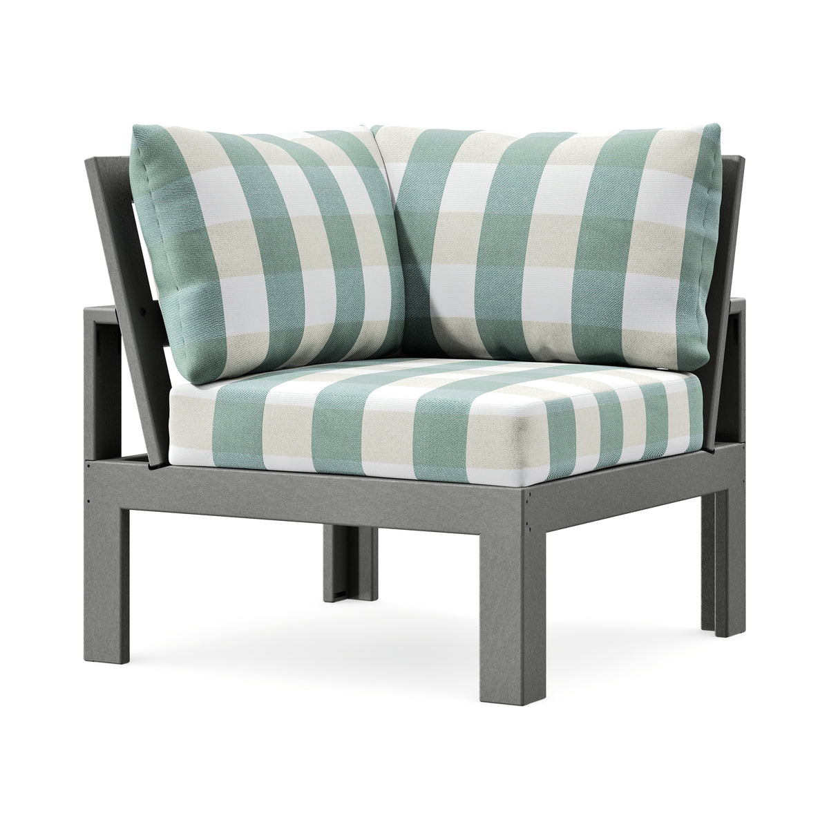 POLYWOOD Modular Corner Chair in Slate Grey / Buffalo Plaid Glacier Spa