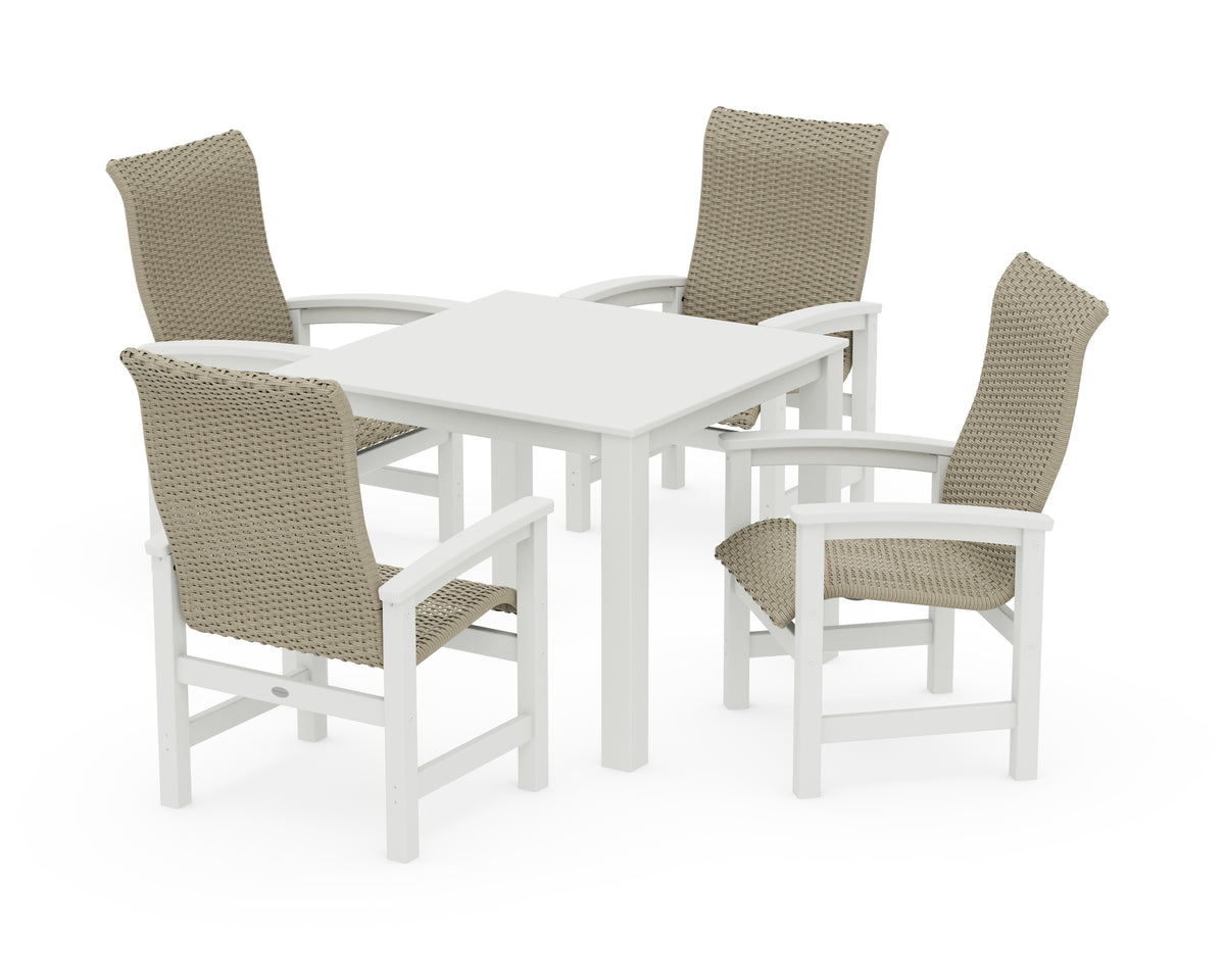 POLYWOOD Coastal Woven High-Back 5-Piece Parsons Dining Set in Vintage White / Dune Grass