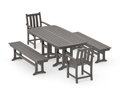 POLYWOOD Traditional Garden 5-Piece Dining Set with Benches - 37" x 72" Table in Driftwood